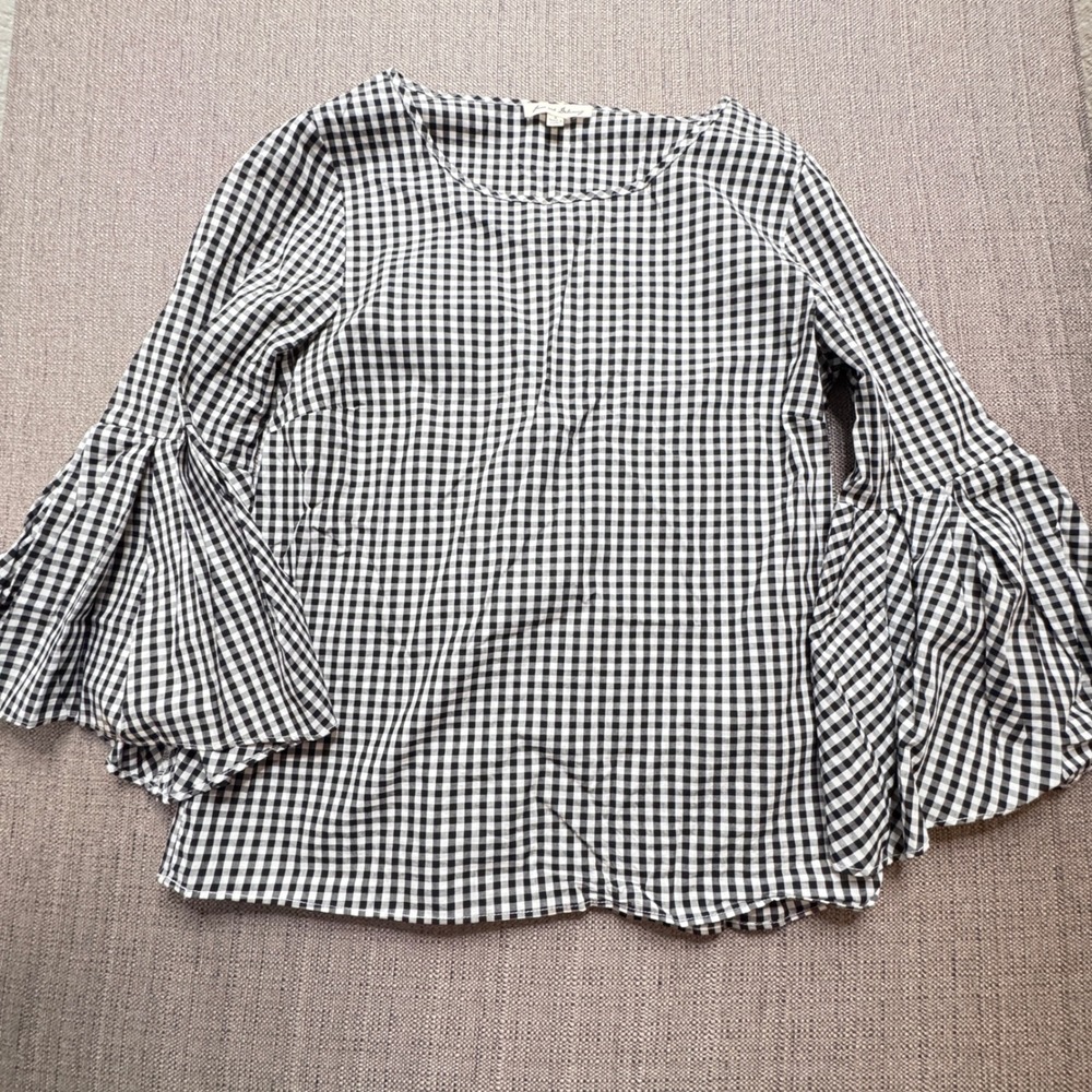 Jane and Delancey Black White Gingham Cotton Tiered Bell Sleeve Top Small